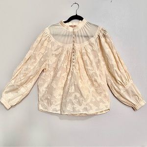 NWOT Rebecca Taylor Beige/Crème Floral Top-Stitching Blouse MSRP$350